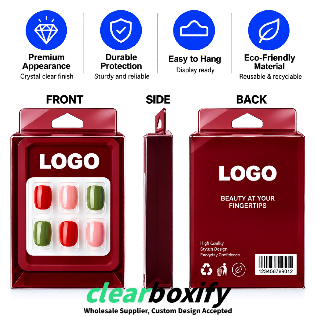 Burgundy Clear Press-on Nails Box with Hanging Hook | Plastic PVC PP PET Packaging