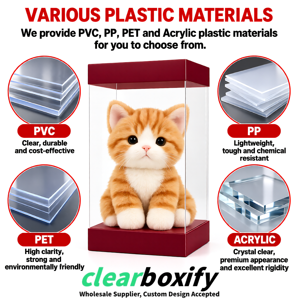 Burgundy Clear Toy Display Boxes with White Base & Top | Wholesale Bulk Packaging