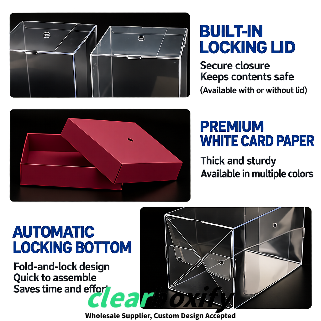 Burgundy Clear Toy Display Boxes with White Base & Top | Wholesale Bulk Packaging
