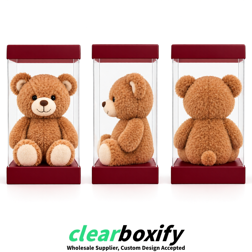 Burgundy Clear Toy Display Boxes with White Base & Top | Wholesale Bulk Packaging