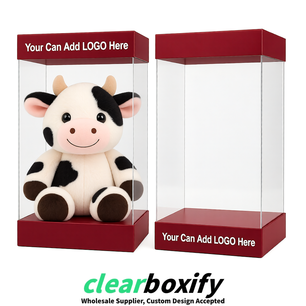 Burgundy Clear Toy Display Boxes with White Base & Top | Wholesale Bulk Packaging