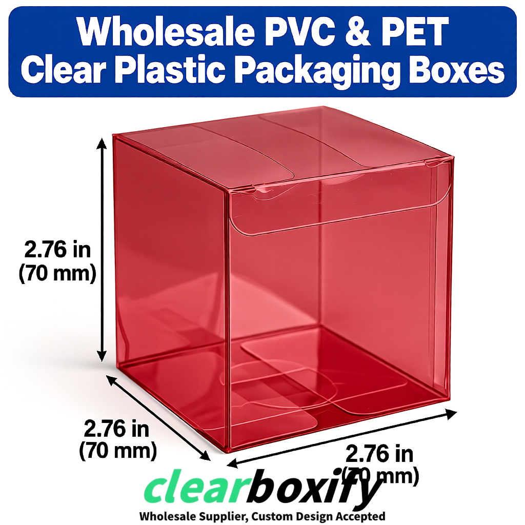 PPWR-Aligned Carmine Translucent PVC & PET Boxes 60x60x180mm 76x76x76mm 70x70x70/100/120mm
