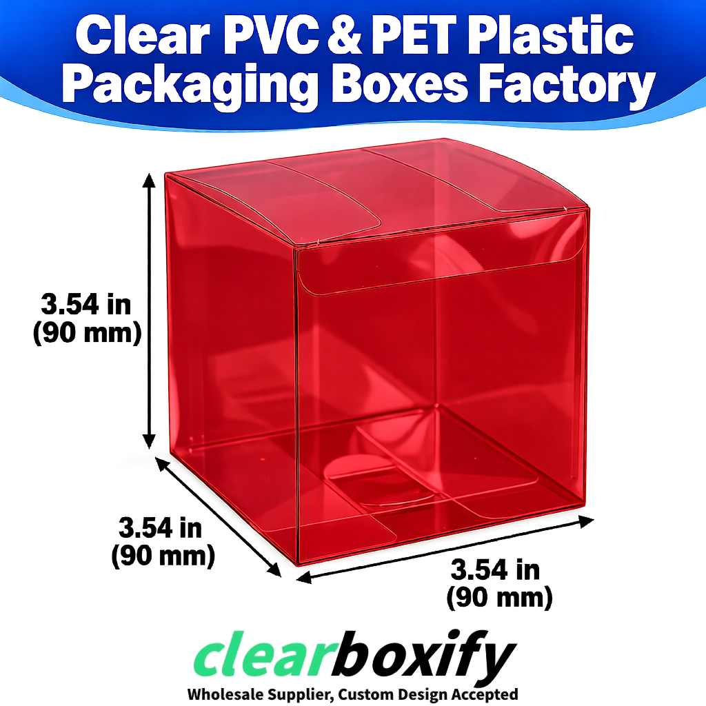 Wholesale Carmine Clear PVC & PET Boxes 90x90x90mm 100x100x30/50/100mm