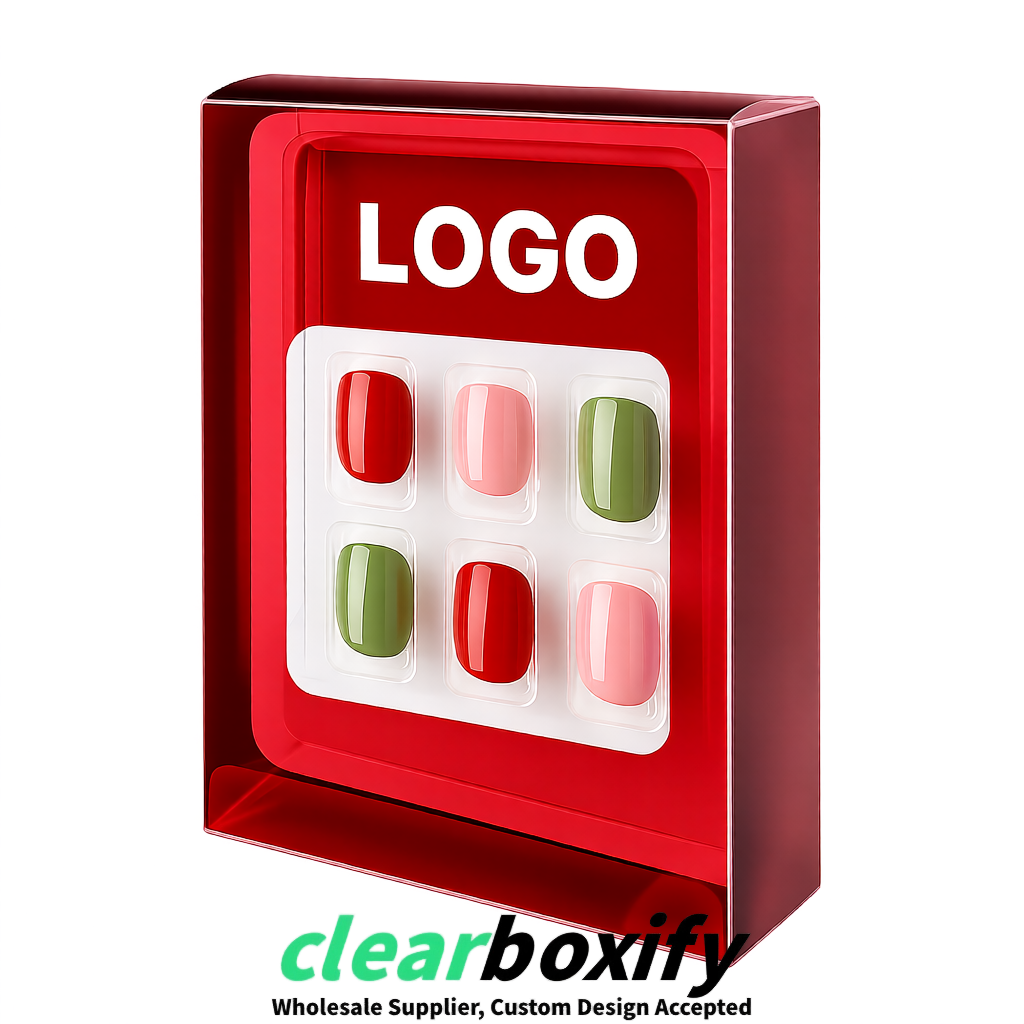 Carmine Clear Press-on Nails Box with Hanging Hook | Plastic PVC PP PET Packaging