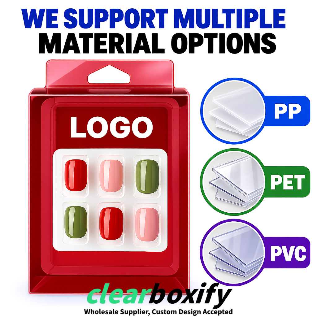 Carmine Clear Press-on Nails Box with Hanging Hook | Plastic PVC PP PET Packaging