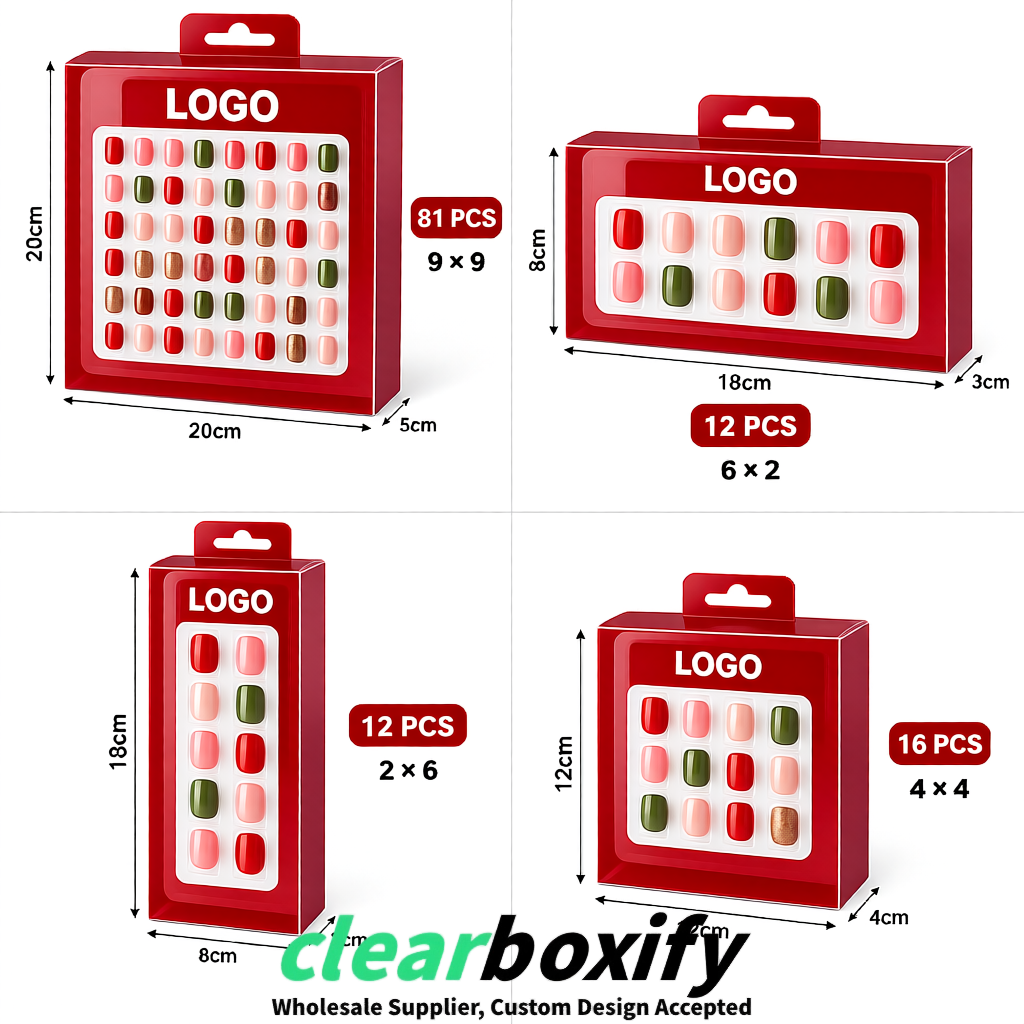 Carmine Clear Press-on Nails Box with Hanging Hook | Plastic PVC PP PET Packaging