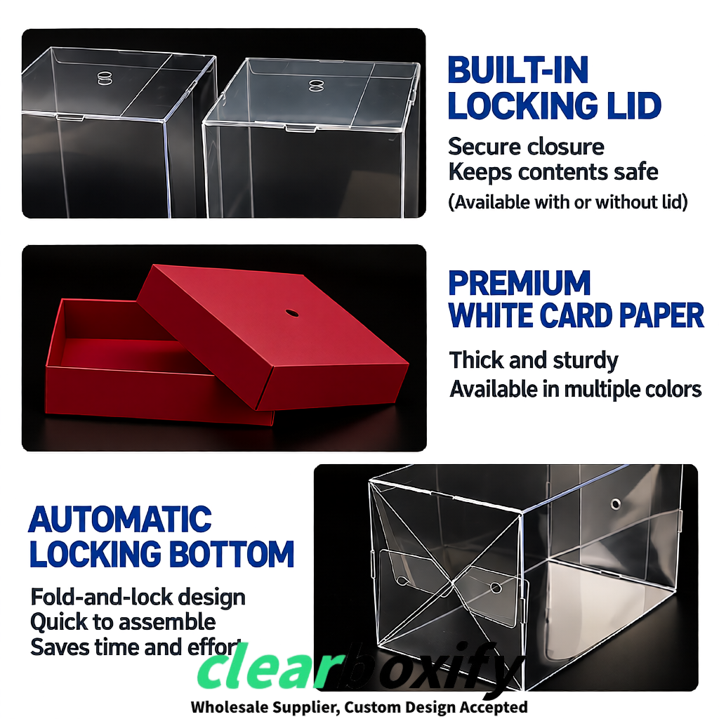 Carmine Clear Toy Display Boxes with White Base & Top | Wholesale Bulk Packaging