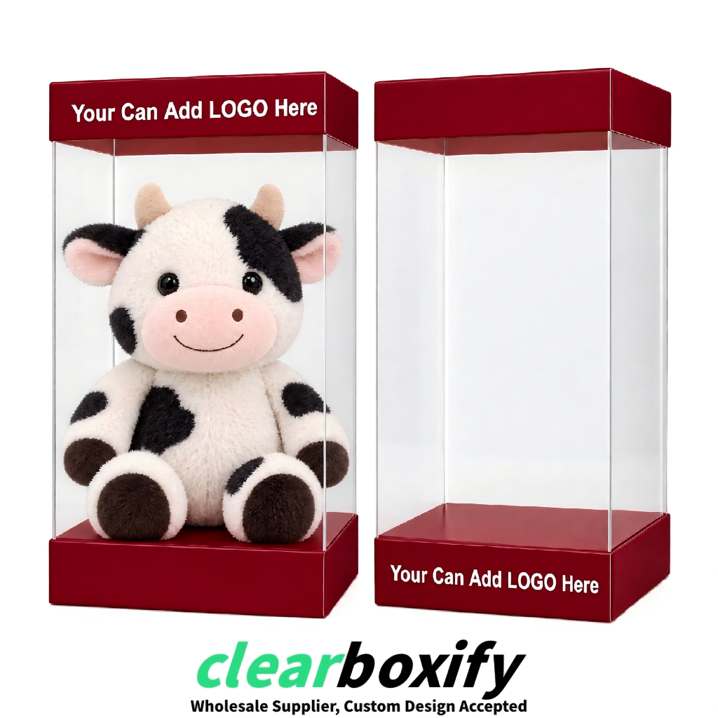 Carmine Clear Toy Display Boxes with White Base & Top | Wholesale Bulk Packaging
