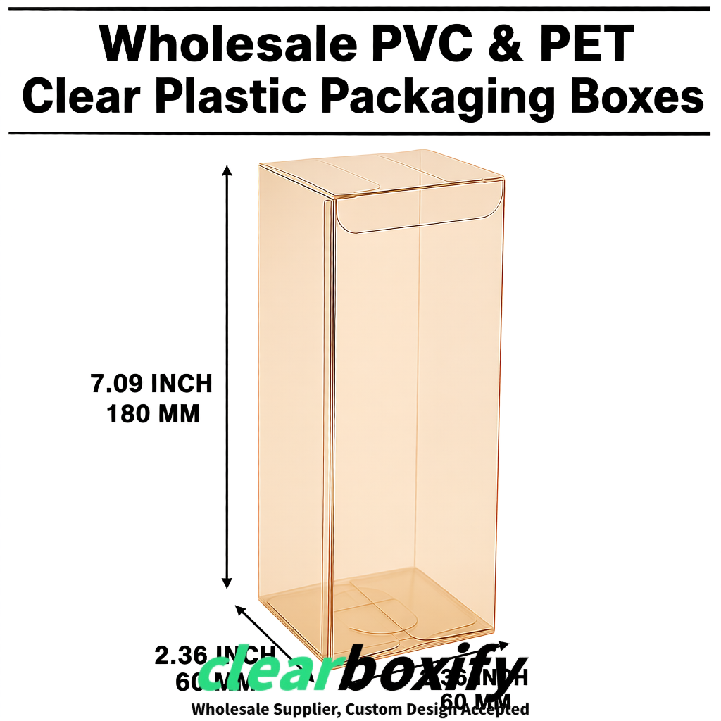 PPWR-Aligned Champagne Translucent PVC & PET Boxes 60x60x180mm 76x76x76mm 70x70x70/100/120mm