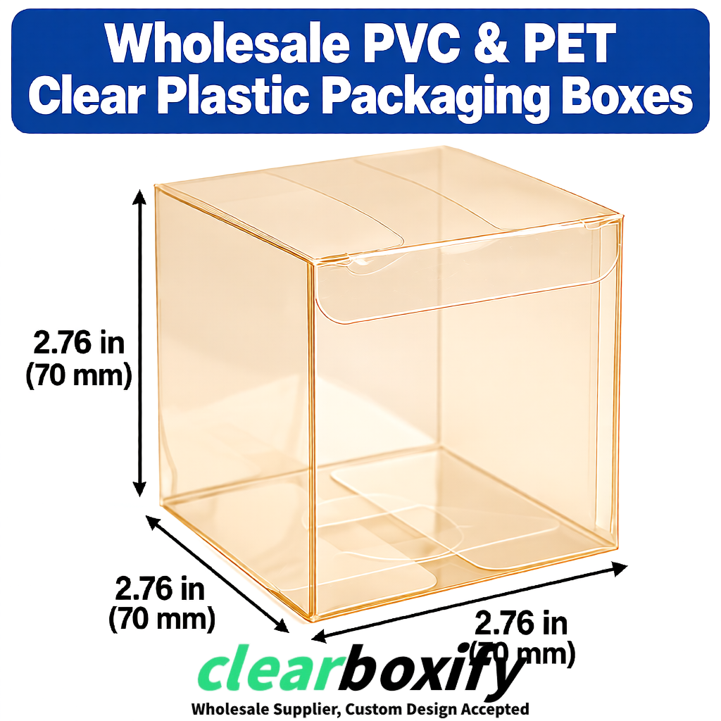 PPWR-Aligned Champagne Translucent PVC & PET Boxes 60x60x180mm 76x76x76mm 70x70x70/100/120mm
