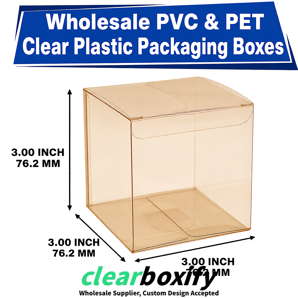 PPWR-Aligned Champagne Translucent PVC & PET Boxes 60x60x180mm 76x76x76mm 70x70x70/100/120mm