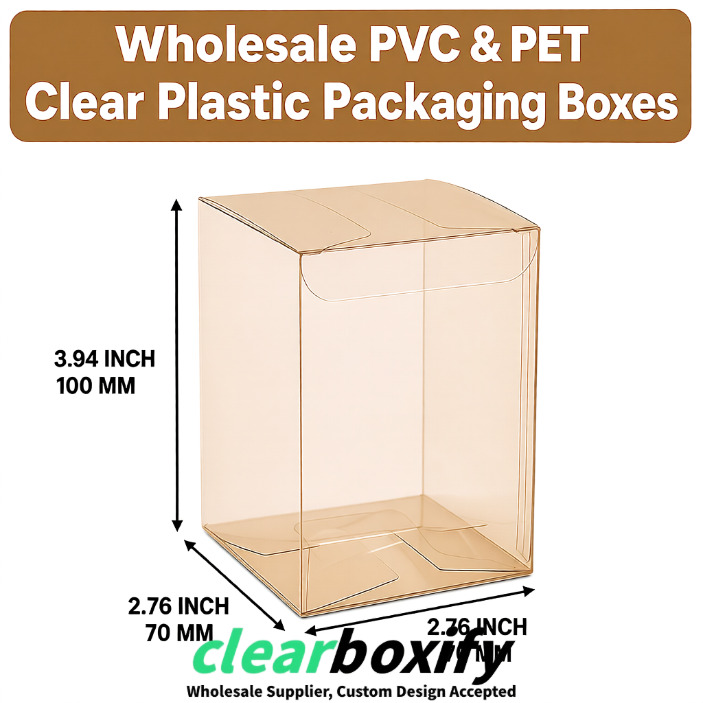 PPWR-Aligned Champagne Translucent PVC & PET Boxes 60x60x180mm 76x76x76mm 70x70x70/100/120mm