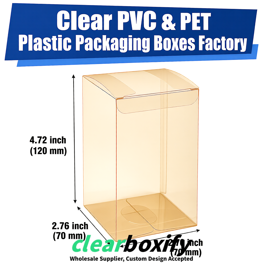 PPWR-Aligned Champagne Translucent PVC & PET Boxes 60x60x180mm 76x76x76mm 70x70x70/100/120mm