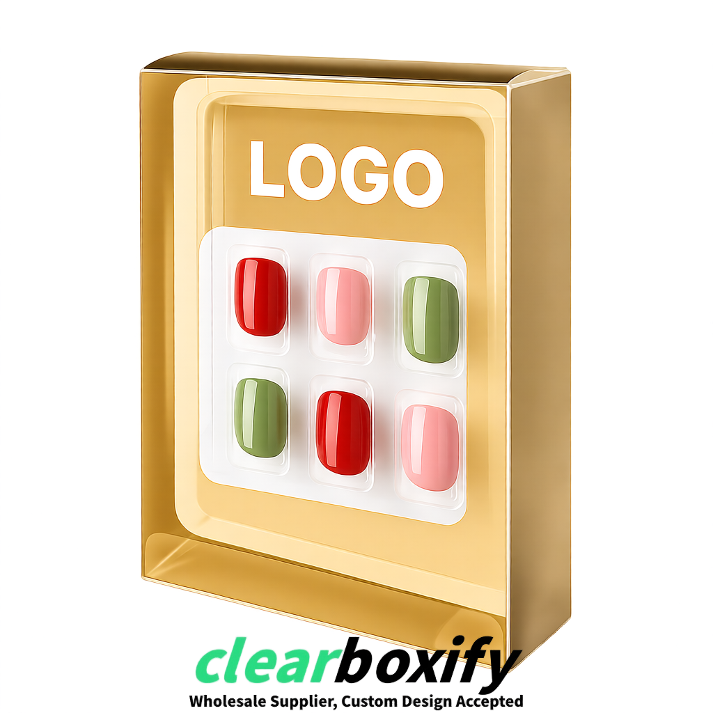 Champagne Clear Press-on Nails Box with Hanging Hook | Plastic PVC PP PET Packaging