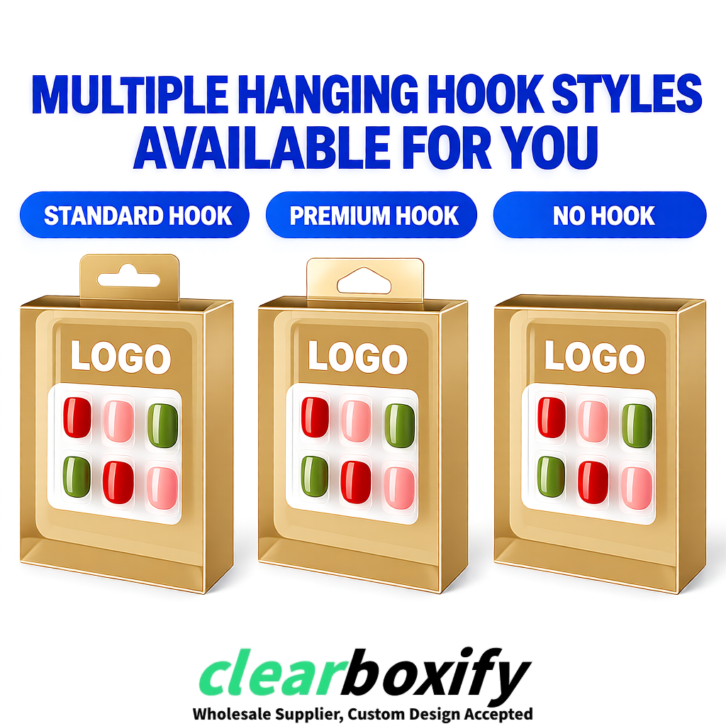 Champagne Clear Press-on Nails Box with Hanging Hook | Plastic PVC PP PET Packaging