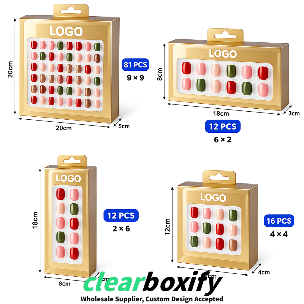 Champagne Clear Press-on Nails Box with Hanging Hook | Plastic PVC PP PET Packaging Champagne Clear Press-on Nails Box with Hanging Hook | Plastic PVC PP PET Packaging