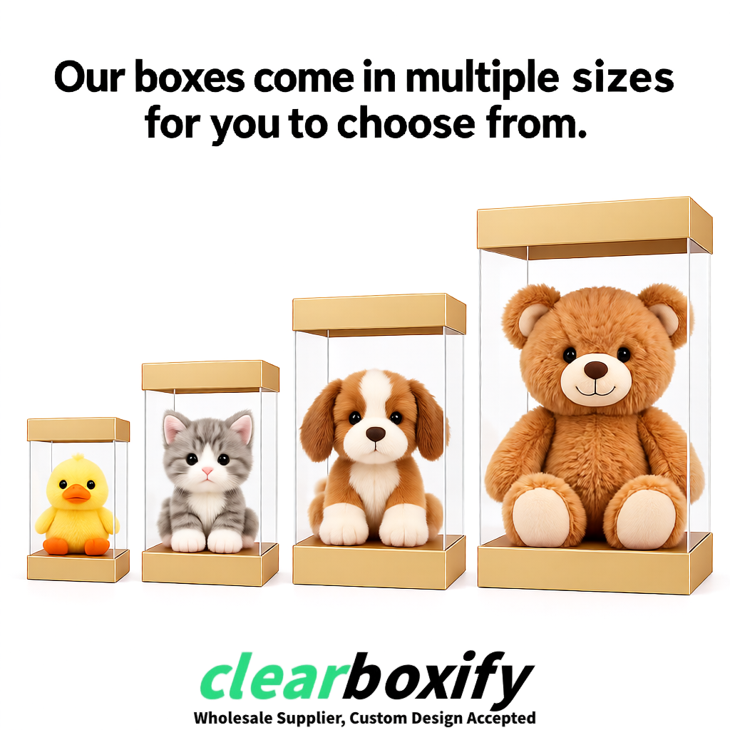 Champagne Clear Toy Display Boxes with White Base & Top | Wholesale Bulk Packaging