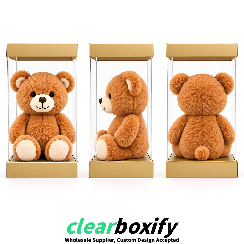 Champagne Clear Toy Display Boxes with White Base & Top | Wholesale Bulk Packaging