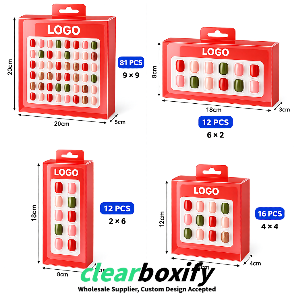 Coral Clear Press-on Nails Box with Hanging Hook | Plastic PVC PP PET Packaging
