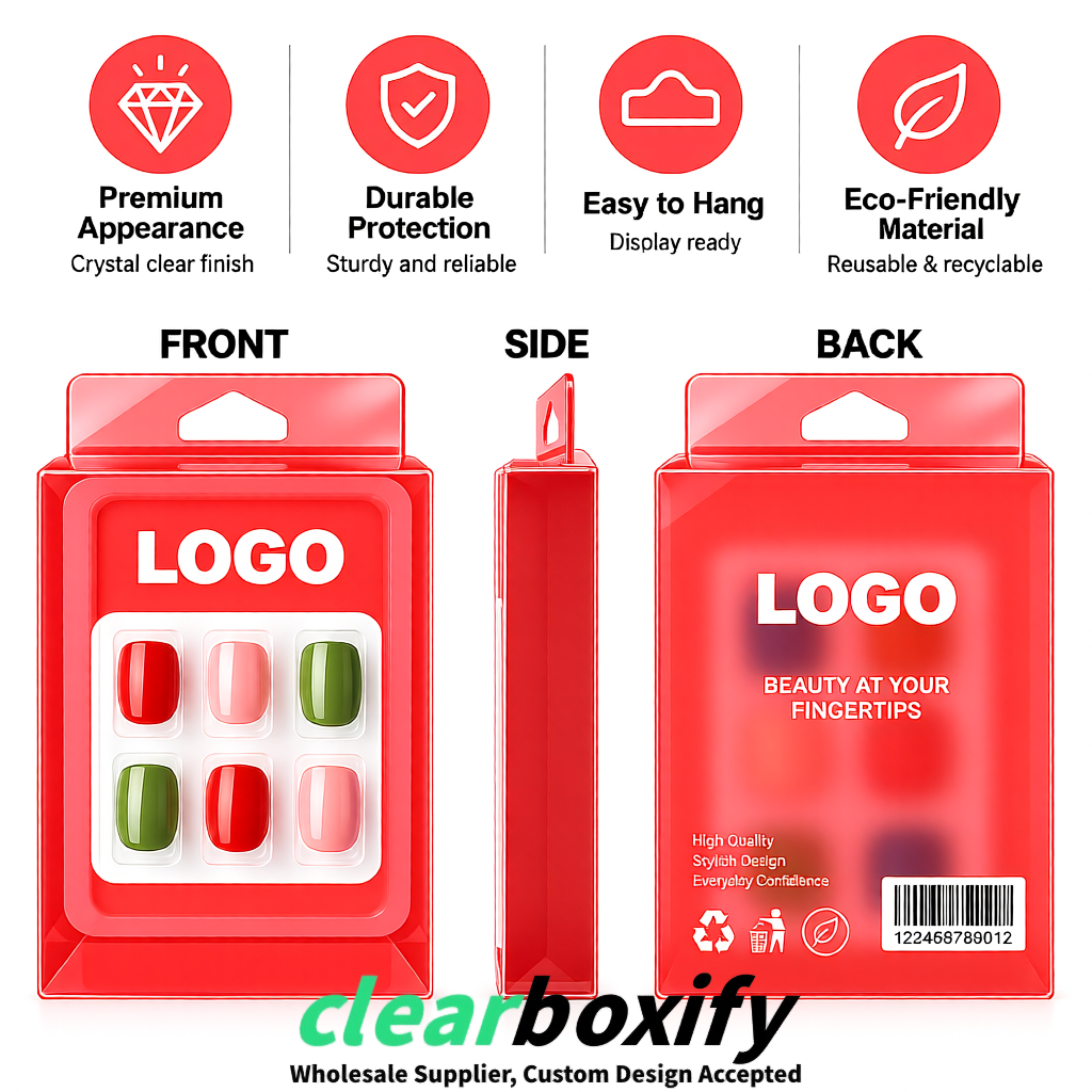 Coral Clear Press-on Nails Box with Hanging Hook | Plastic PVC PP PET Packaging