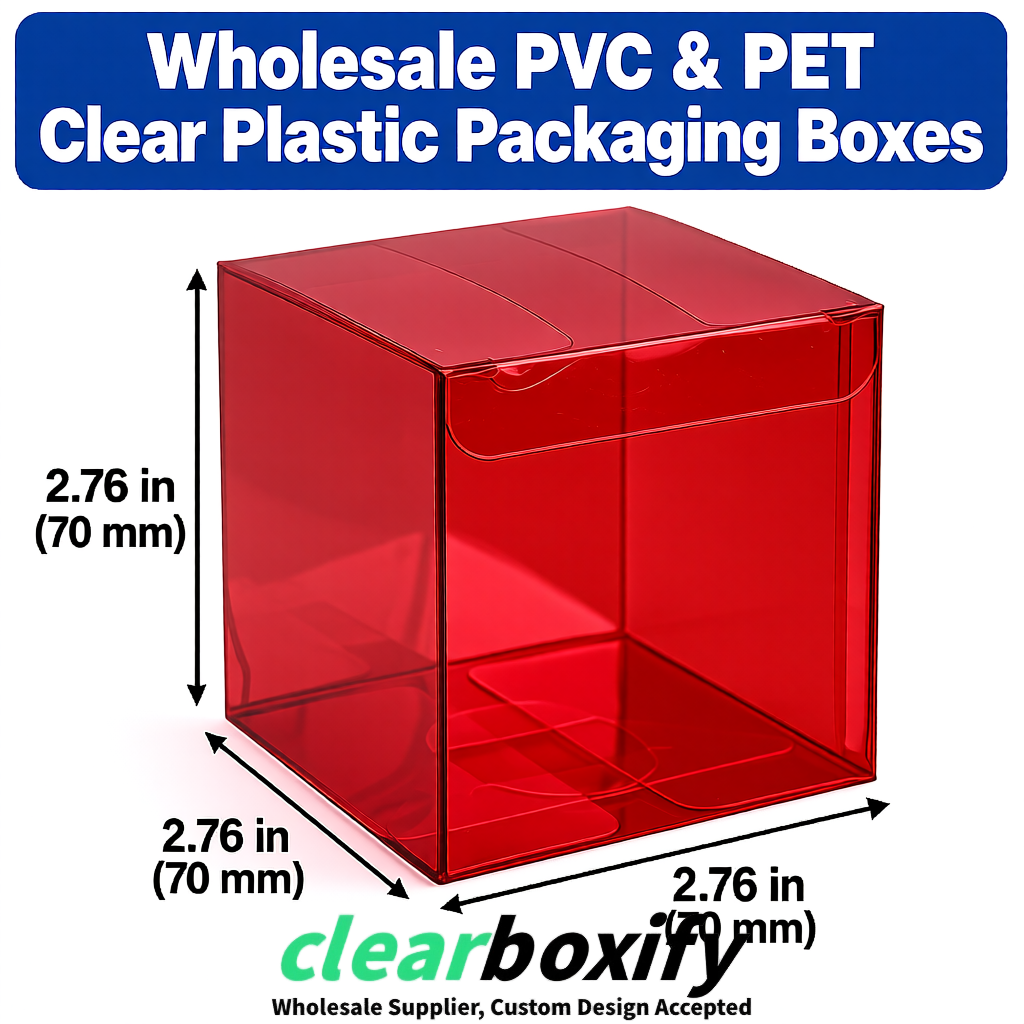 PPWR-Aligned Crimson Translucent PVC & PET Boxes 60x60x180mm 76x76x76mm 70x70x70/100/120mm