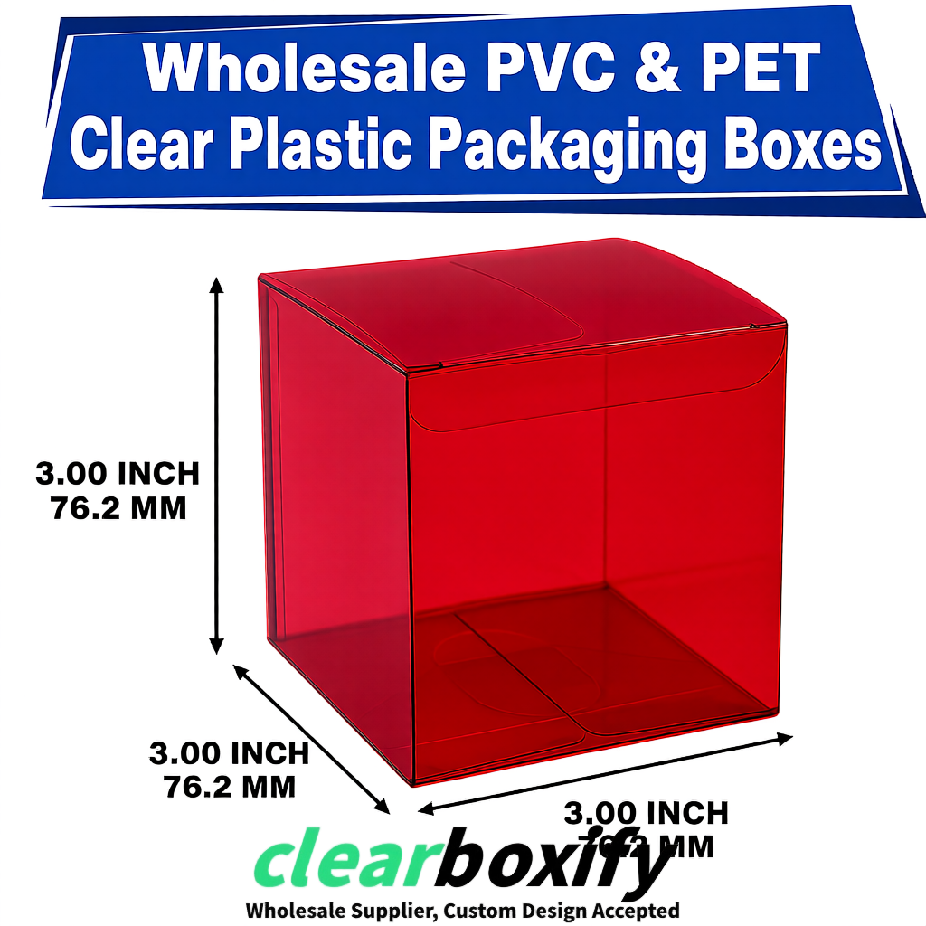 PPWR-Aligned Crimson Translucent PVC & PET Boxes 60x60x180mm 76x76x76mm 70x70x70/100/120mm