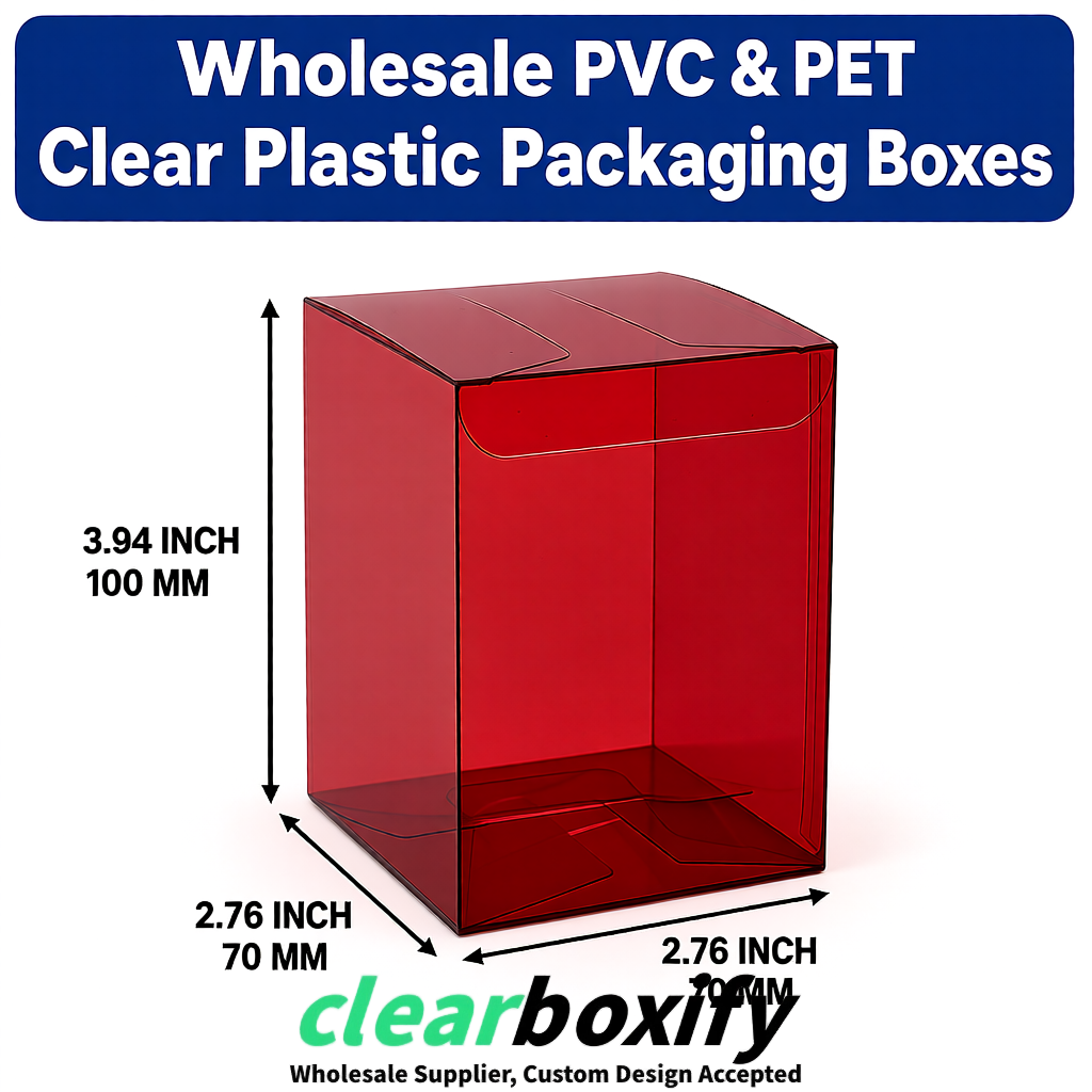 PPWR-Aligned Crimson Translucent PVC & PET Boxes 60x60x180mm 76x76x76mm 70x70x70/100/120mm