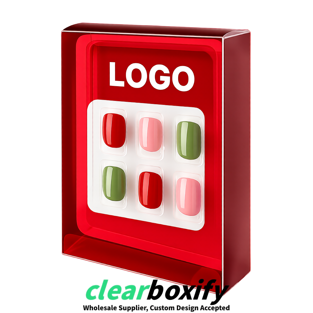 Crimson Clear Press-on Nails Box with Hanging Hook | Plastic PVC PP PET Packaging