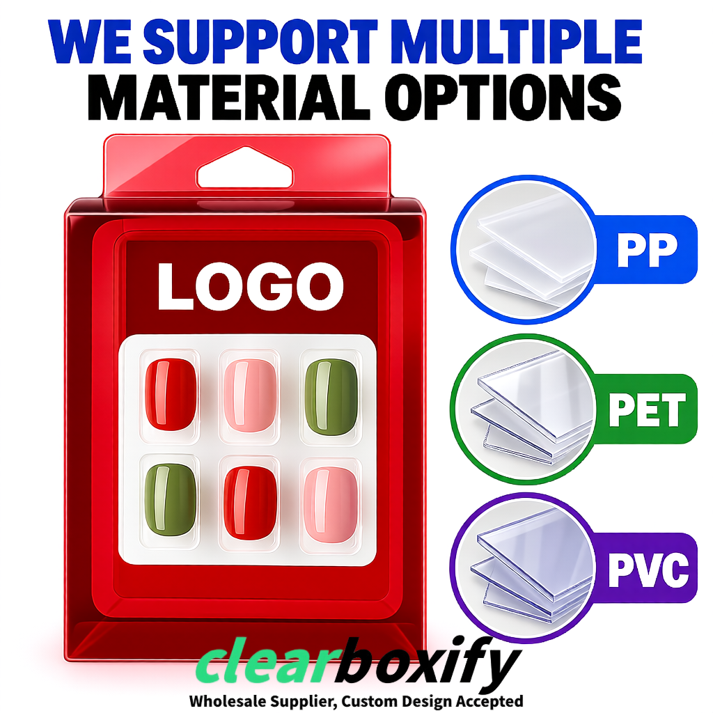 Crimson Clear Press-on Nails Box with Hanging Hook | Plastic PVC PP PET Packaging