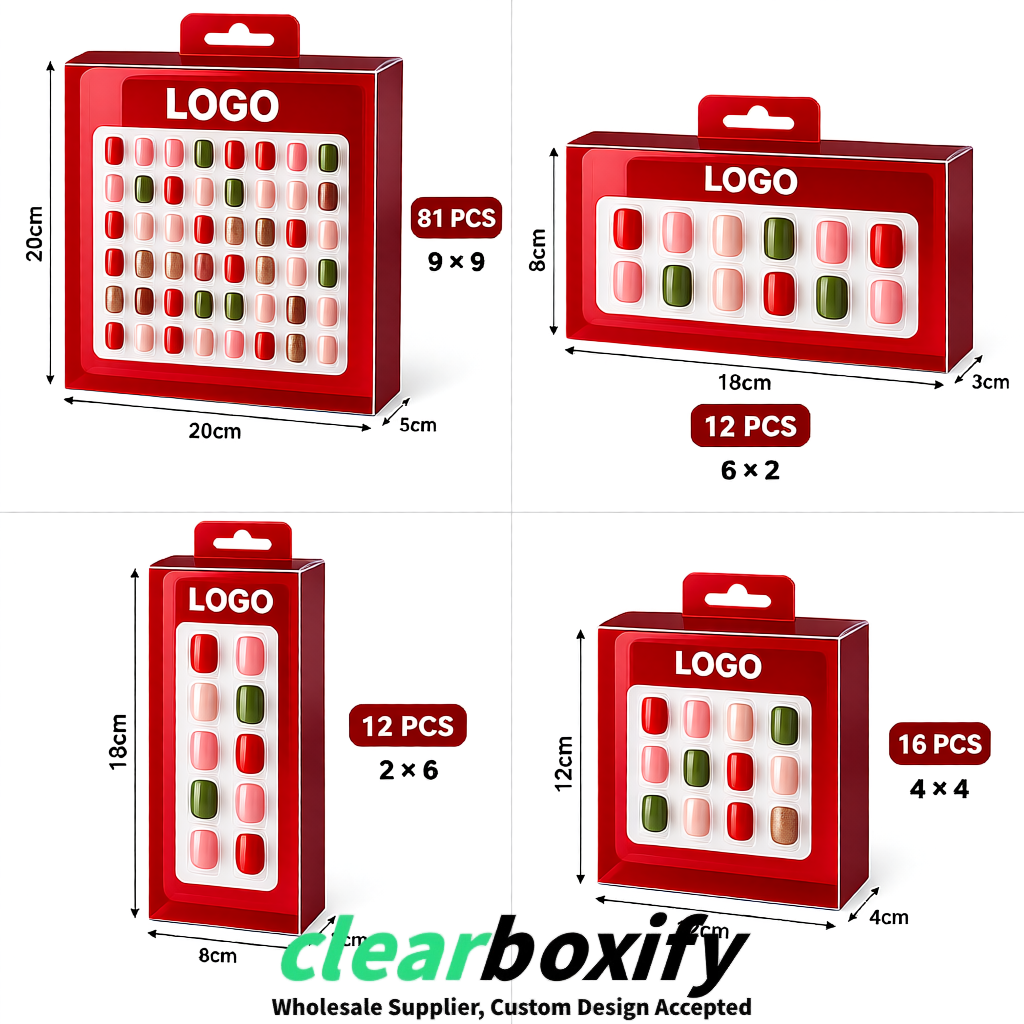 Crimson Clear Press-on Nails Box with Hanging Hook | Plastic PVC PP PET Packaging