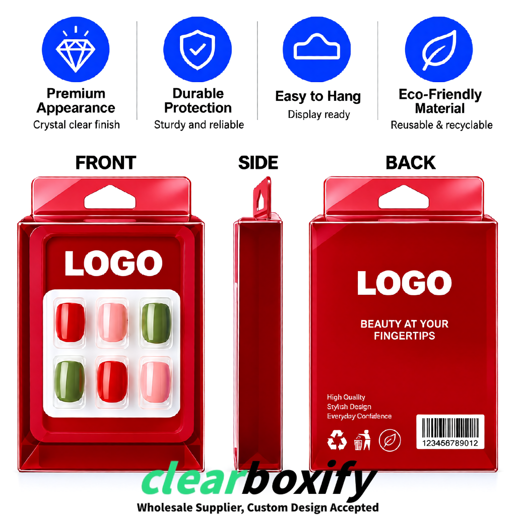 Crimson Clear Press-on Nails Box with Hanging Hook | Plastic PVC PP PET Packaging