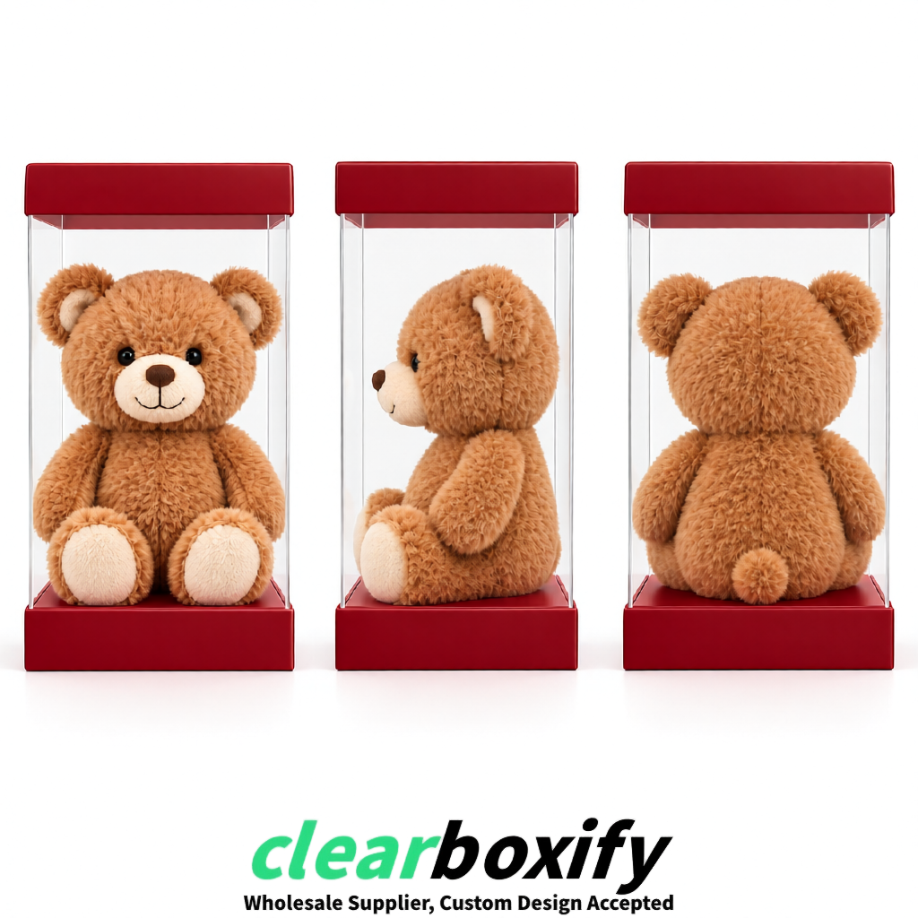 Crimson Clear Toy Display Boxes with White Base & Top | Wholesale Bulk Packaging