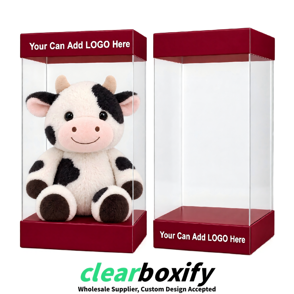 Crimson Clear Toy Display Boxes with White Base & Top | Wholesale Bulk Packaging