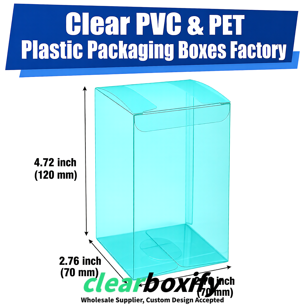 PPWR-Aligned Cyan Translucent PVC & PET Boxes 60x60x180mm 76x76x76mm 70x70x70/100/120mm