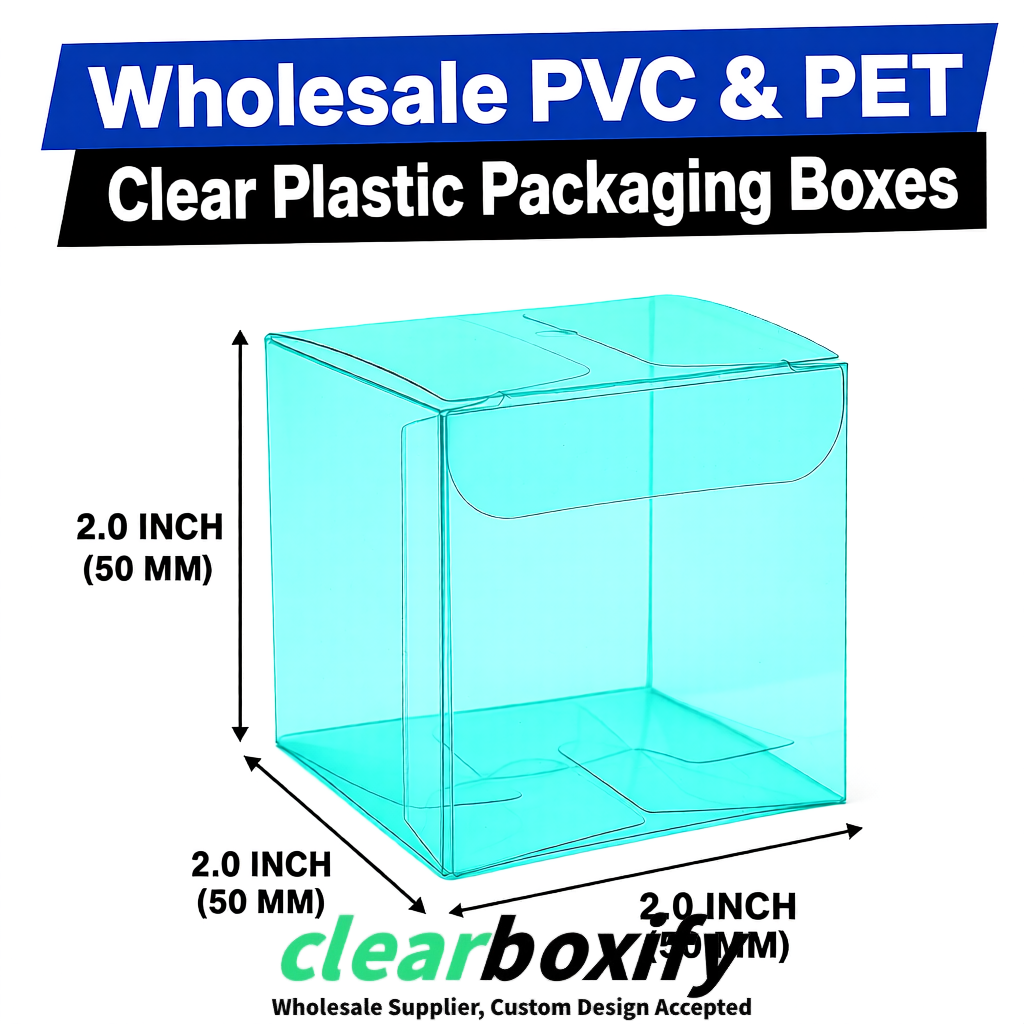 Cyan Clear PVC & PET Boxes 38x38x38, 40x40x40, 50x50x50/80mm