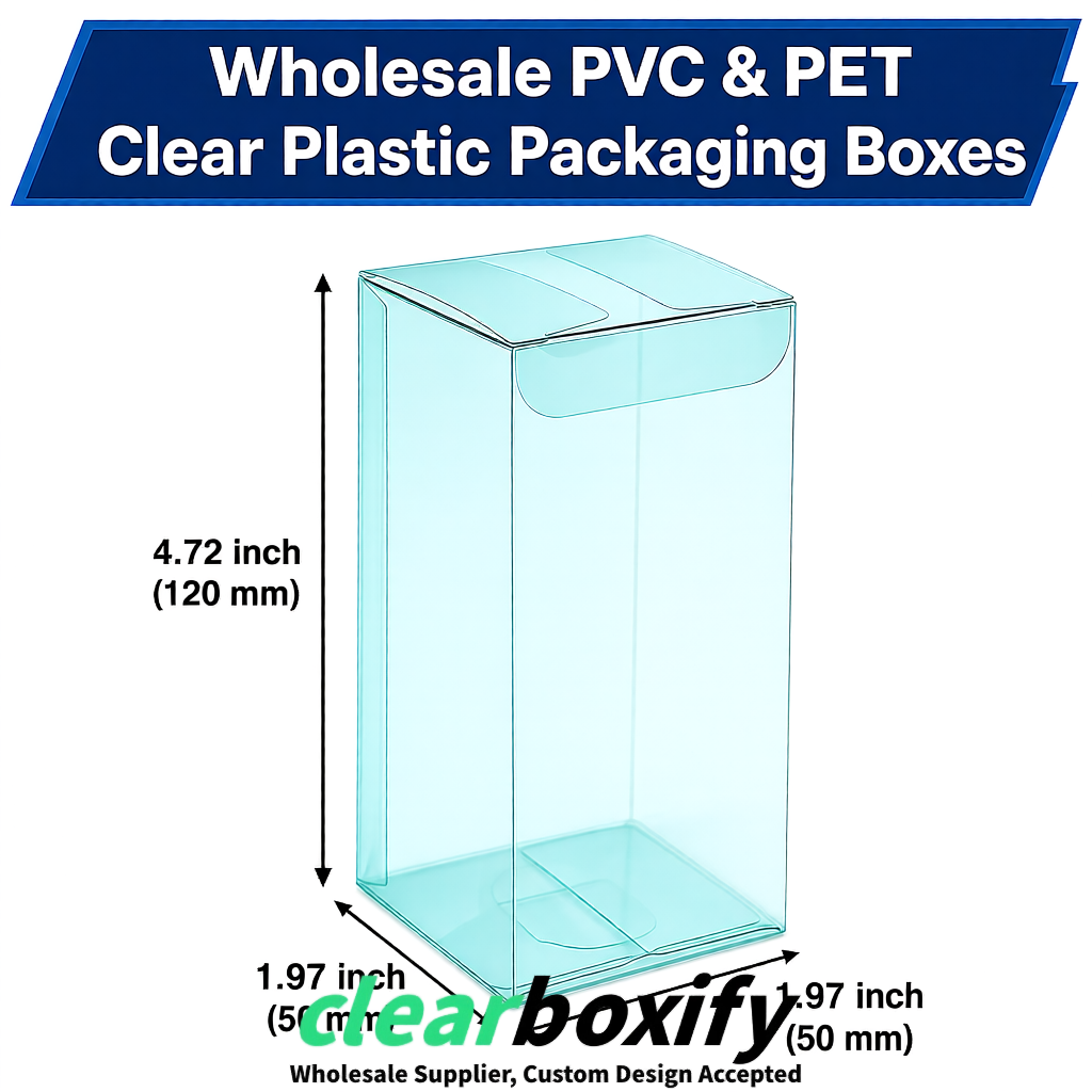 Cyan Wholesale Clear PVC & PET Boxes 50x50x120/150/200mm 60x60x60/120 mm