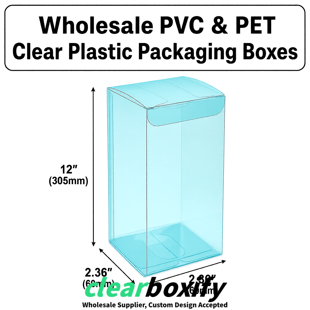 Cyan Wholesale Clear PVC & PET Boxes 50x50x120/150/200mm 60x60x60/120 mm