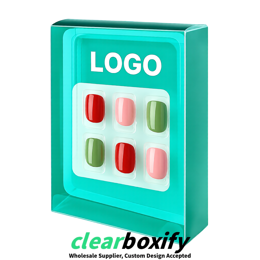Cyan Clear Press-on Nails Box with Hanging Hook | Plastic PVC PP PET Packaging