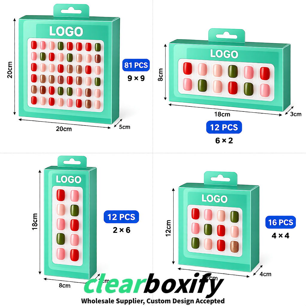 Cyan Clear Press-on Nails Box with Hanging Hook | Plastic PVC PP PET Packaging