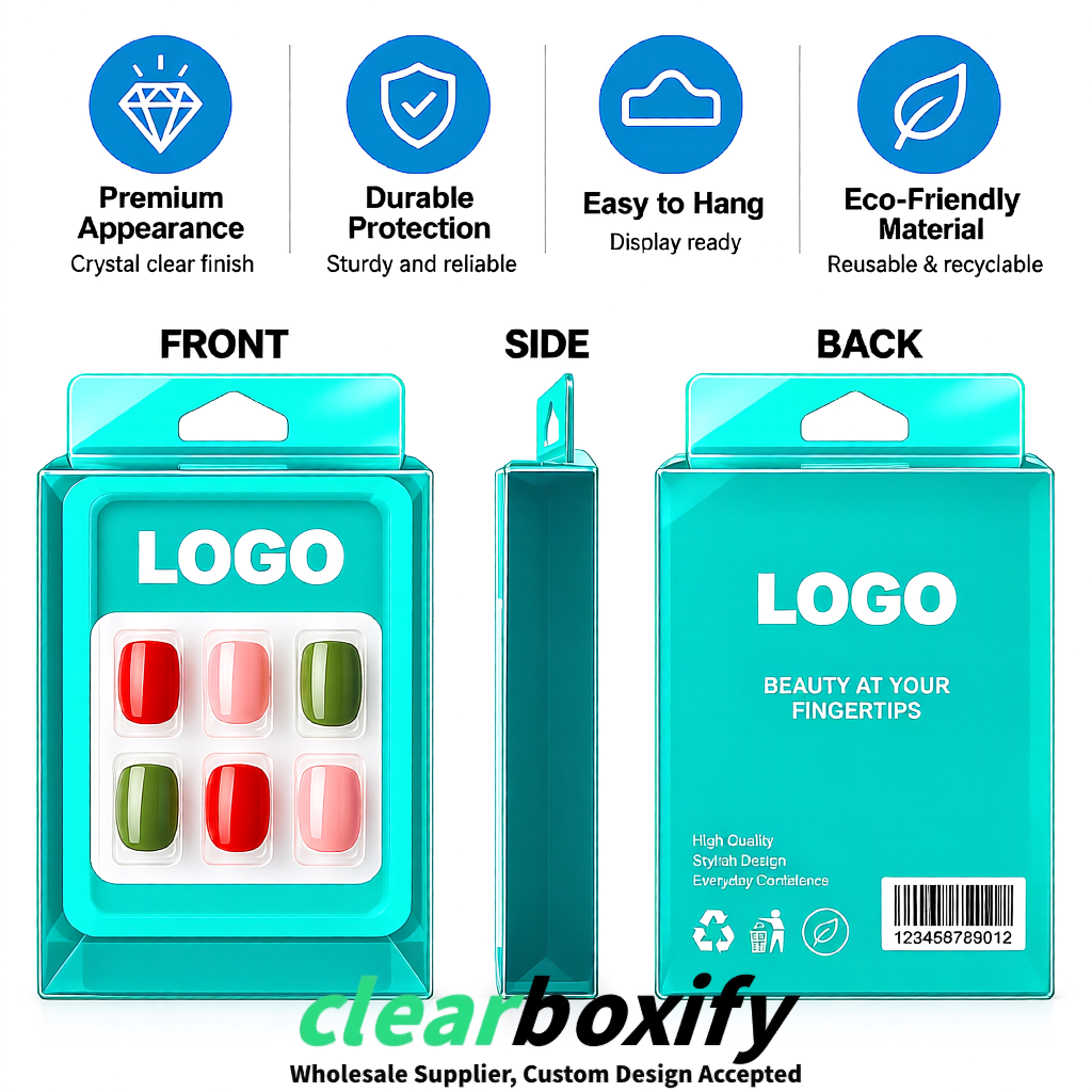 Cyan Clear Press-on Nails Box with Hanging Hook | Plastic PVC PP PET Packaging