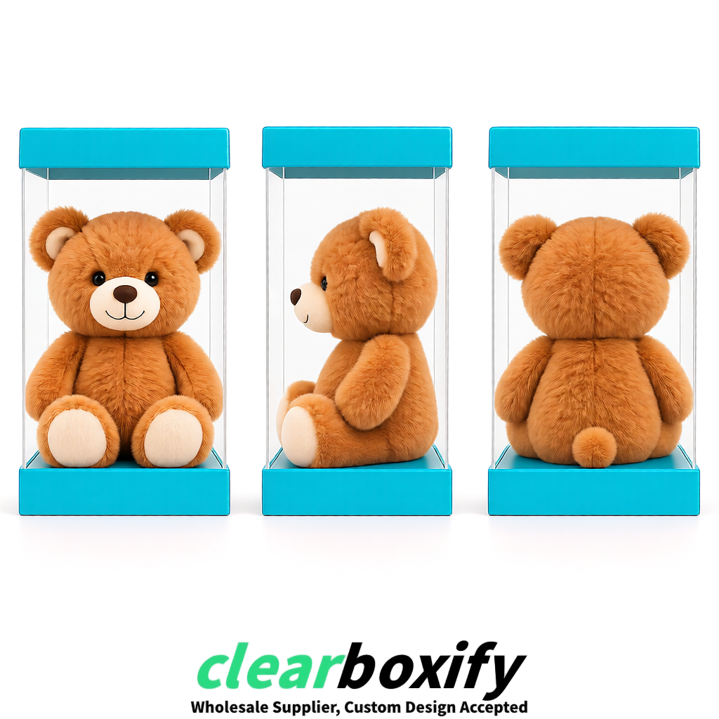 Cyan Clear Toy Display Boxes with White Base & Top | Wholesale Bulk Packaging