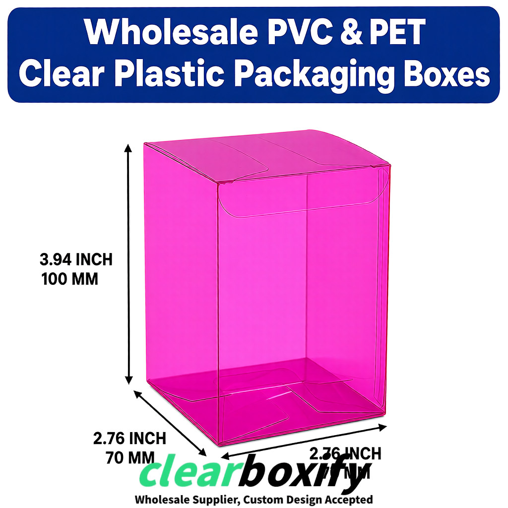 PPWR-Aligned Fuchsia Translucent PVC & PET Boxes 60x60x180mm 76x76x76mm 70x70x70/100/120mm