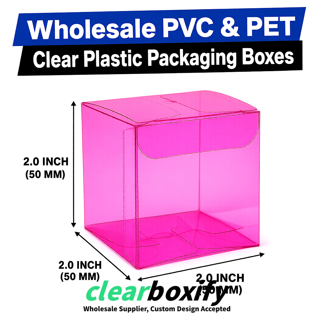 Fuchsia Clear PVC & PET Boxes 38x38x38, 40x40x40, 50x50x50/80mm