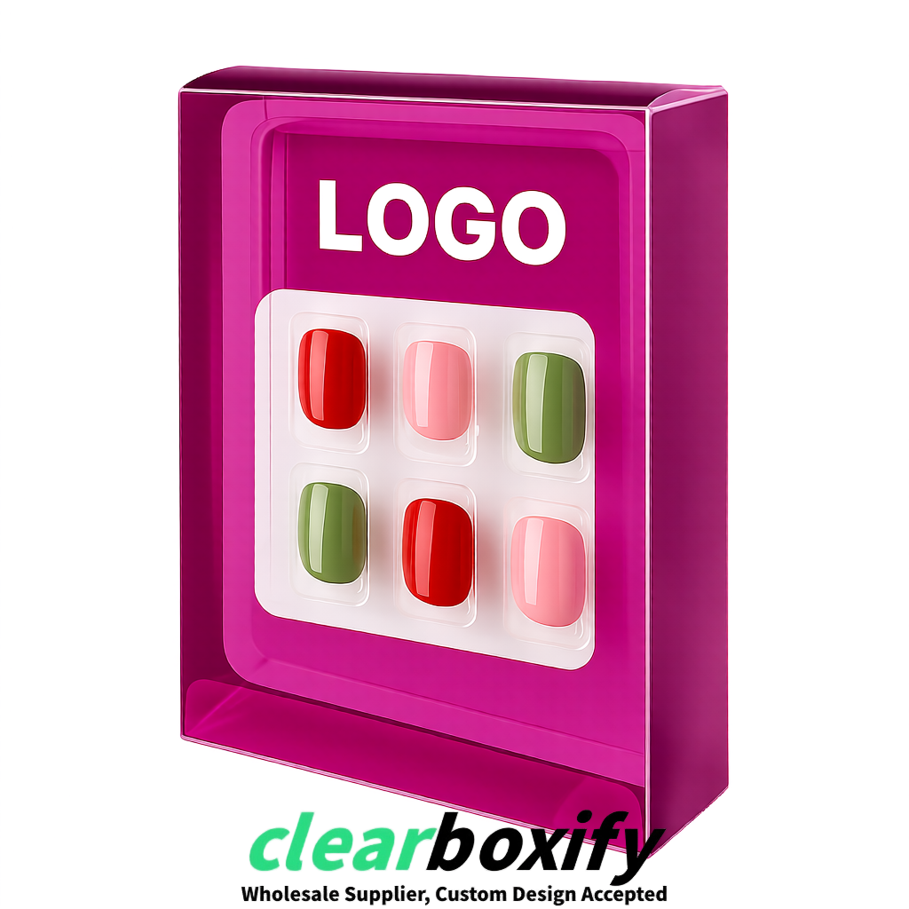Fuchsia Clear Press-on Nails Box with Hanging Hook | Plastic PVC PP PET Packaging