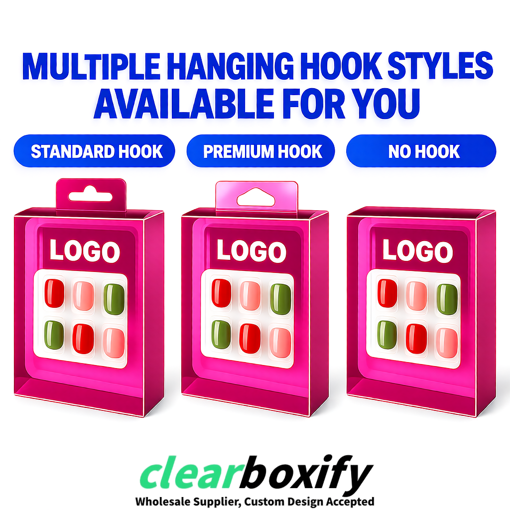 Fuchsia Clear Press-on Nails Box with Hanging Hook | Plastic PVC PP PET Packaging
