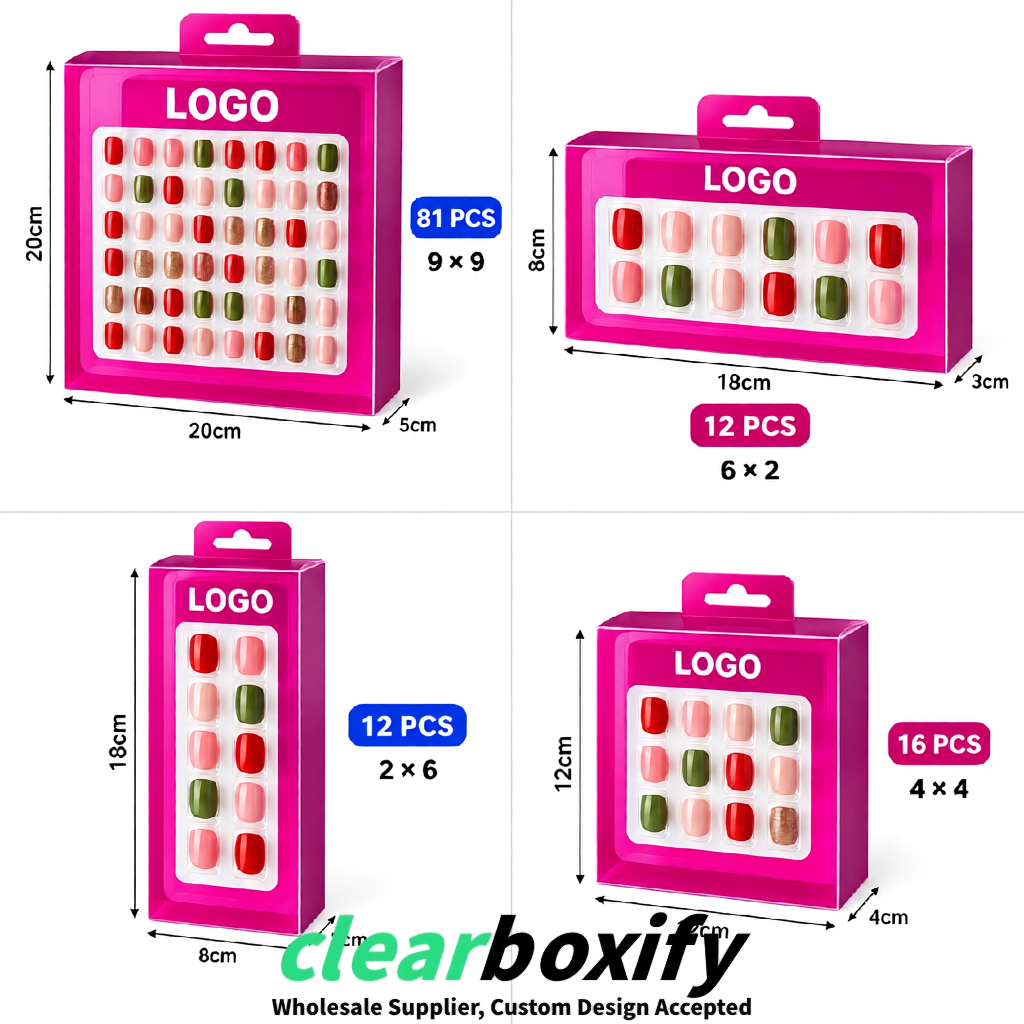 Fuchsia Clear Press-on Nails Box with Hanging Hook | Plastic PVC PP PET Packaging