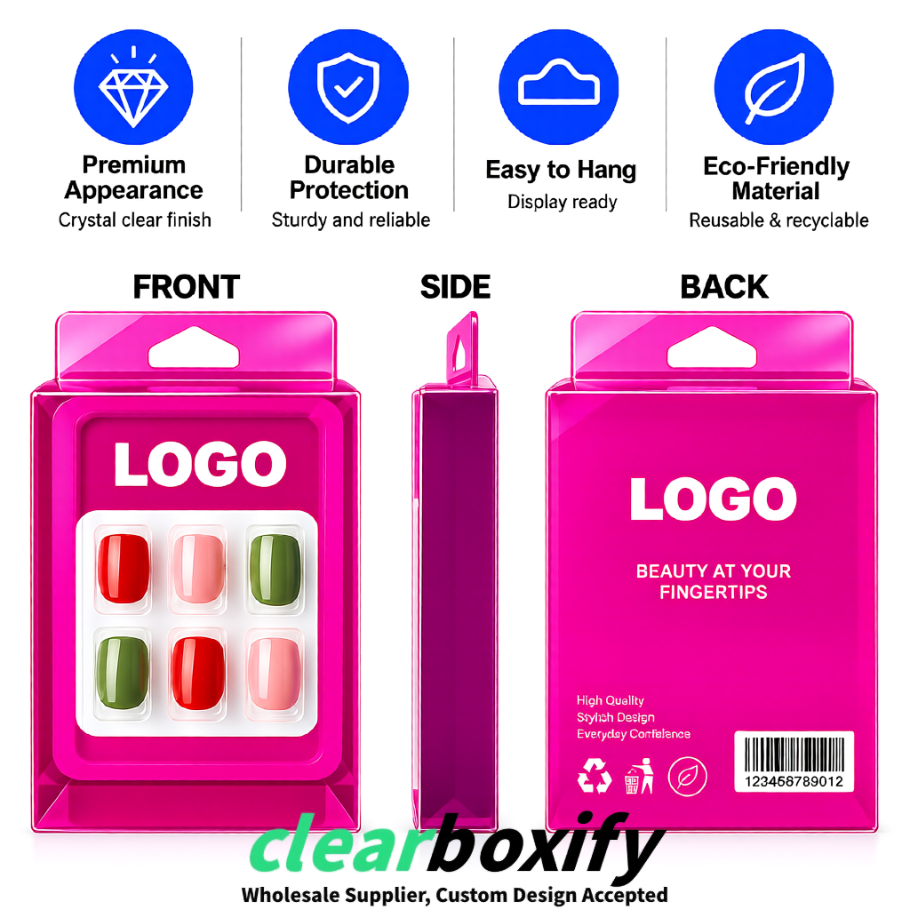 Fuchsia Clear Press-on Nails Box with Hanging Hook | Plastic PVC PP PET Packaging