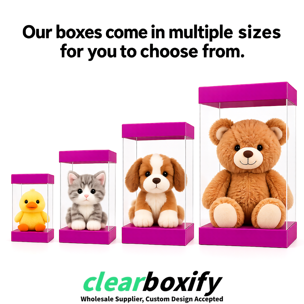 Fuchsia Clear Toy Display Boxes with White Base & Top | Wholesale Bulk Packaging