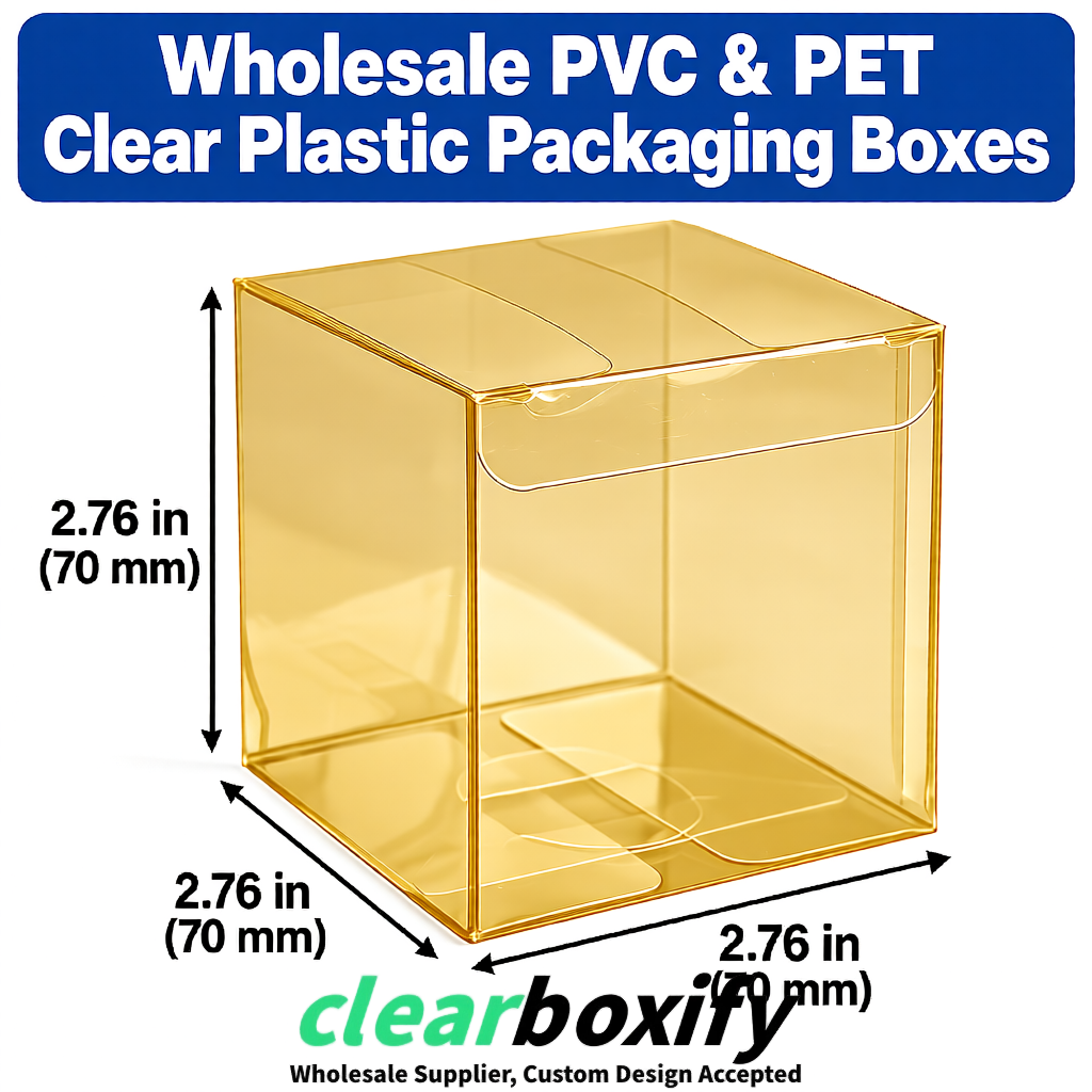 PPWR-Aligned Gold Translucent PVC & PET Boxes 60x60x180mm 76x76x76mm 70x70x70/100/120mm