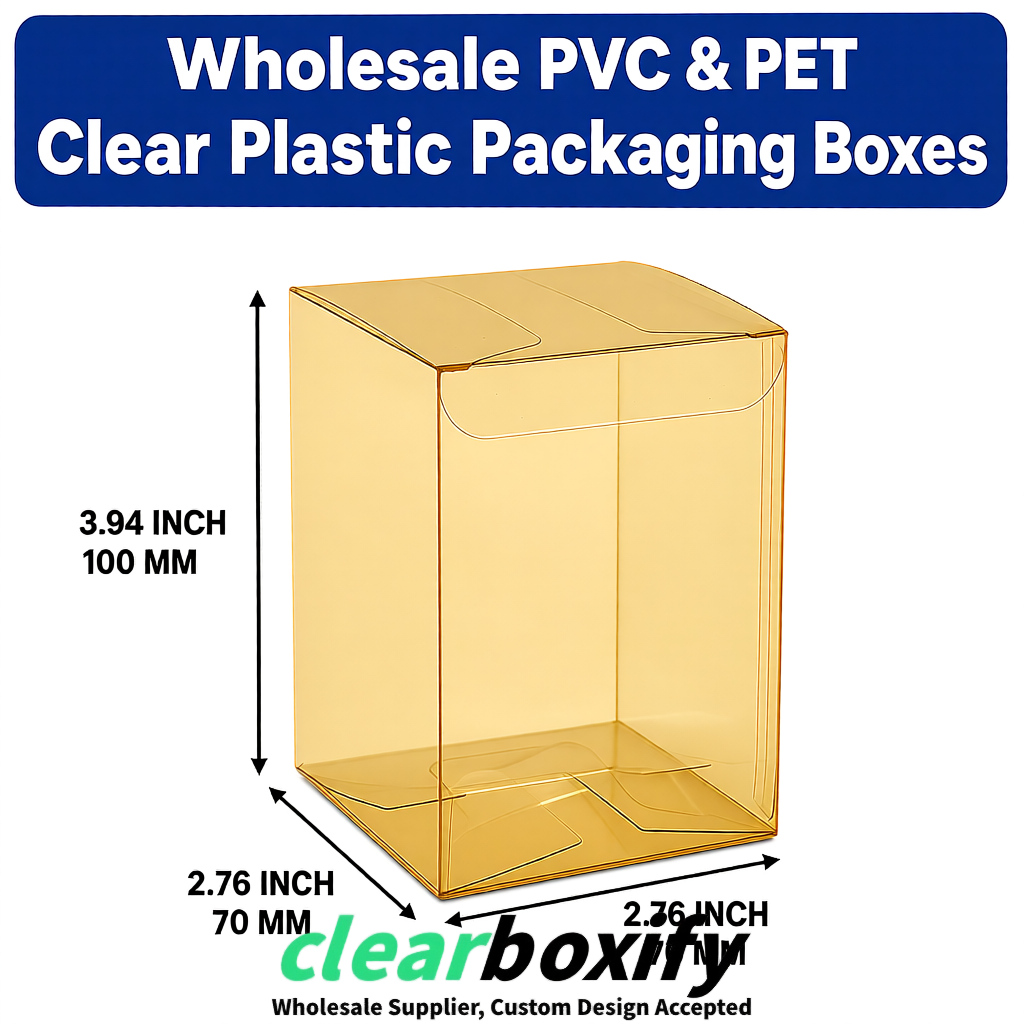 PPWR-Aligned Gold Translucent PVC & PET Boxes 60x60x180mm 76x76x76mm 70x70x70/100/120mm
